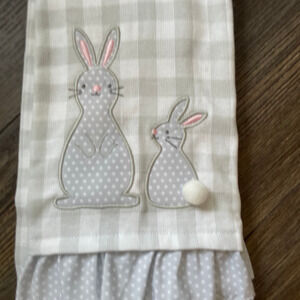 Shabby Chic Embroidered Easter Bunny Gray and White Set of 2 Kitchen Towels NWT